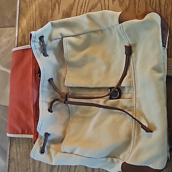 Fossil Tan Canvas and Leather Drawstring Backpack Rucksack Laptop Bag - Picture 5 of 16